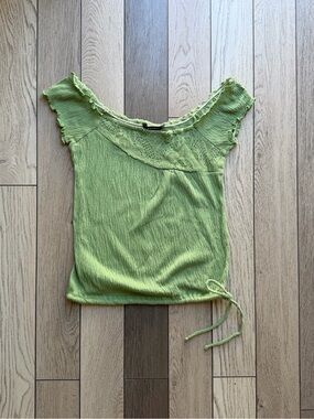 ANXIETY Y2K Light Green Women's Short Sleeve Knit Top with Lace Yoke XL